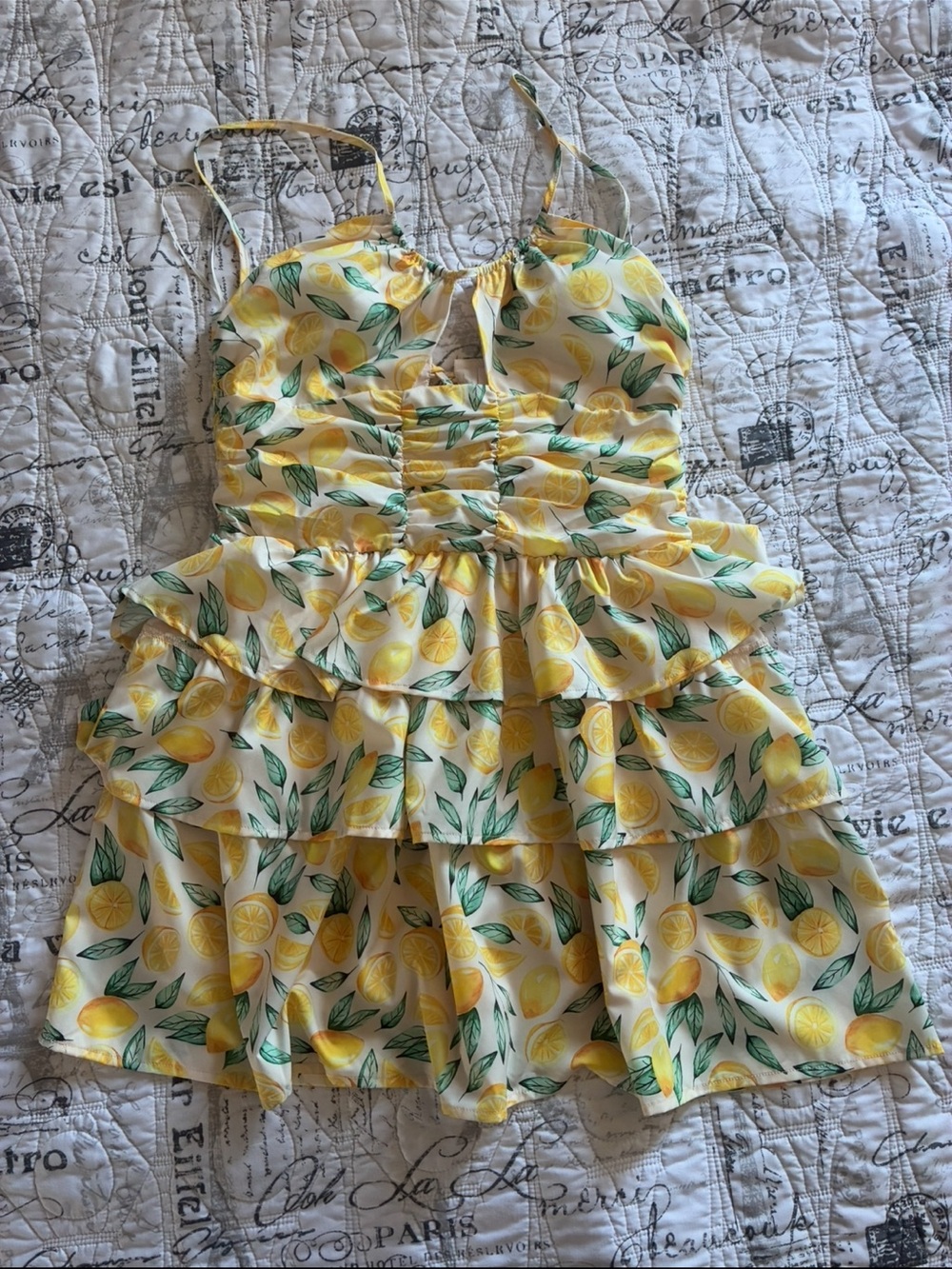 Pink Lily Yellow Lemon Print Tiered Sundress (romper) Green Lemon Accents